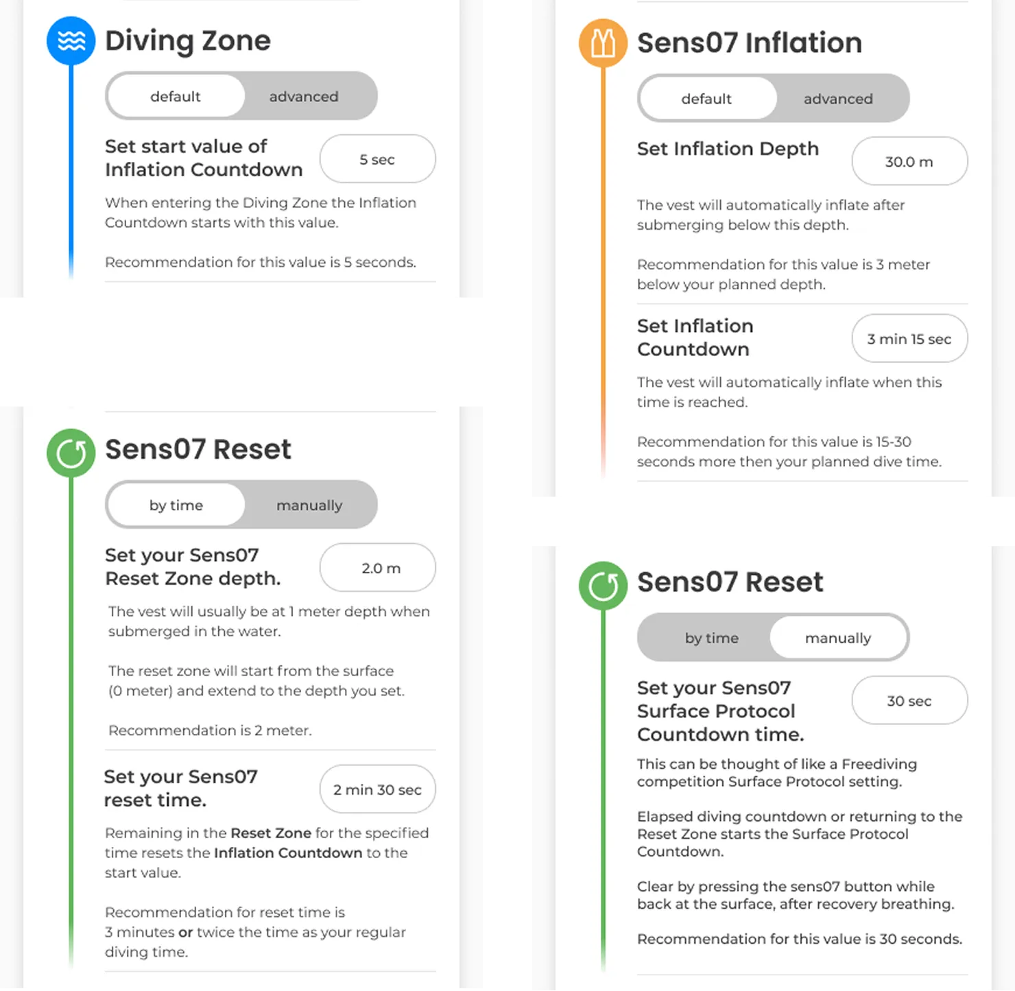 Help texts with recommendations for four settings